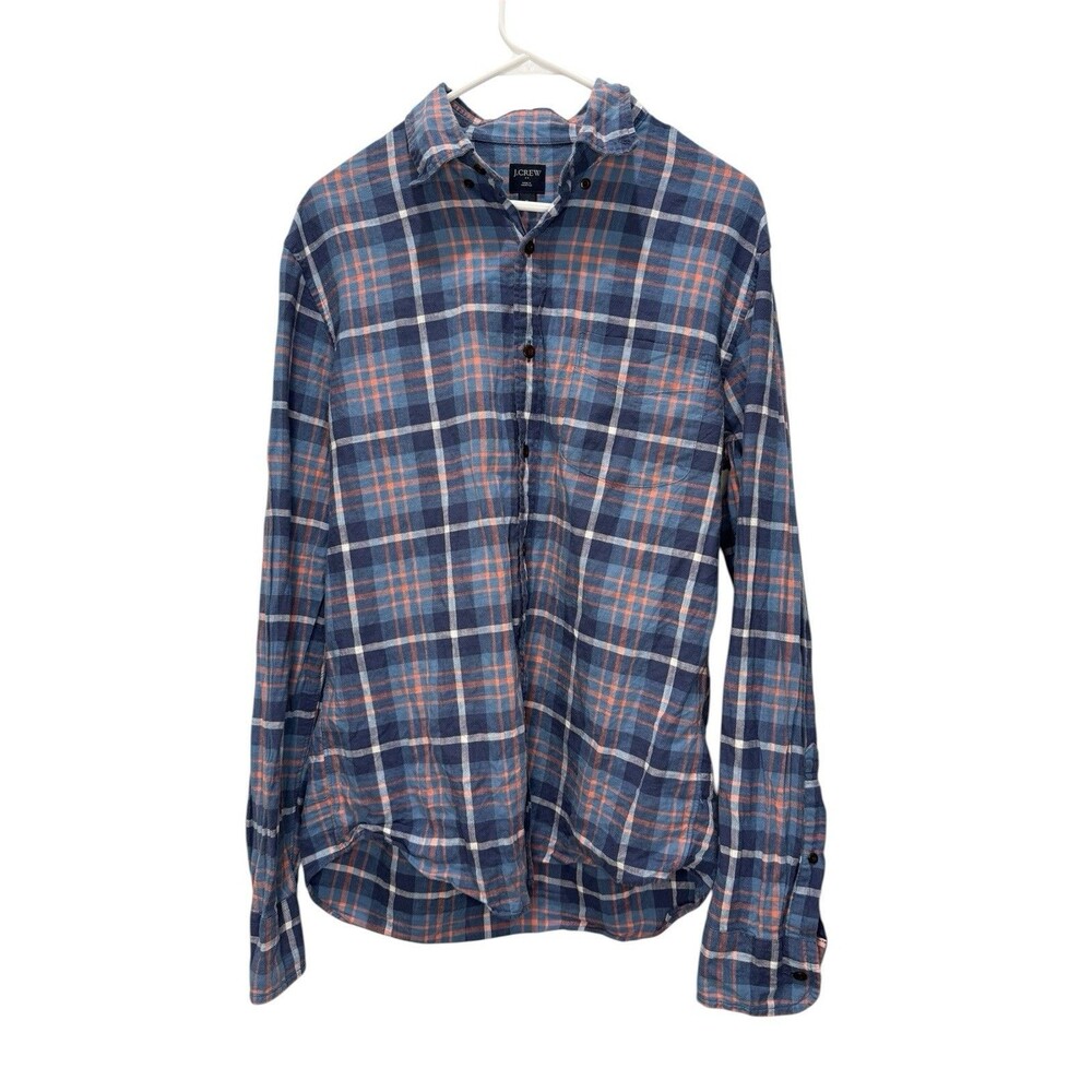 J Crew Mens Dress Shirt Medium M Blue Orange Plaid Long Sleeve Button Up Cotton